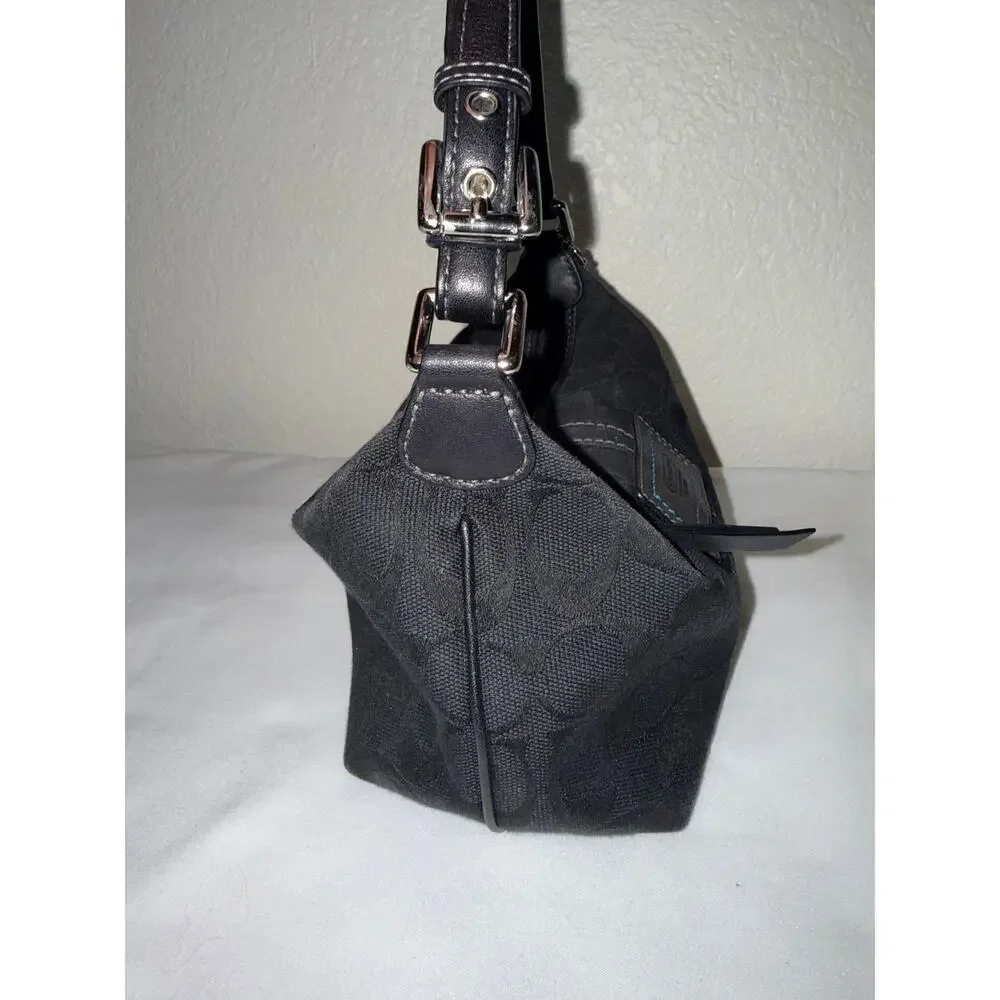 COACH Vintage Black Signature Carly Mini Hobo Baguette Blue Stitch Accent